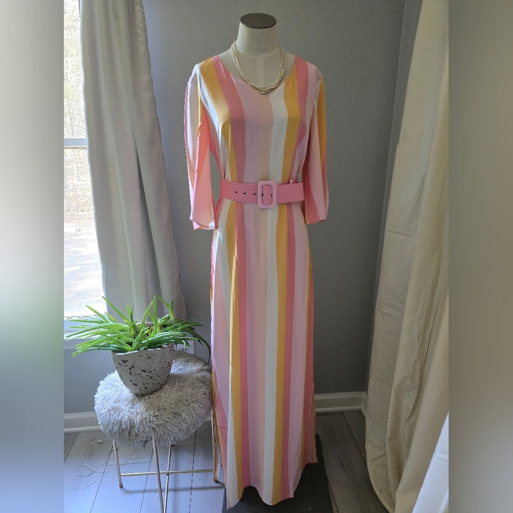 Modcloth Striped Pink and Yellow Sorbet Maxi Dress Womens Size 4- Long